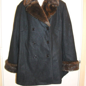 Black Wool Jacket with Brown Faux Fur Collar